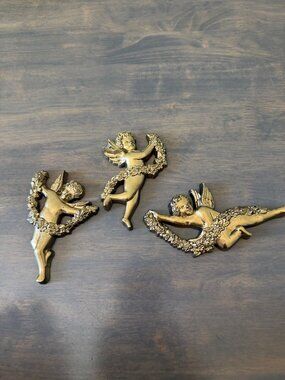 Set of 3 Syroco Wall Hanging Decor Cherub Angels Gold Tone 4" Great Condition